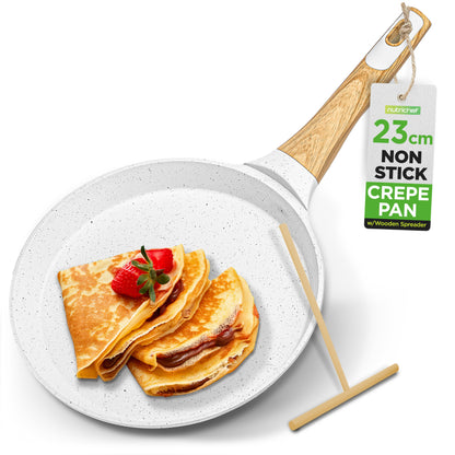 9.45” Non-Stick Crepe Pan With Spreader With Wooden Spreader Bakelite Handle With Wooden Soft Touch And Induction Bottom (White Cream Marble)
