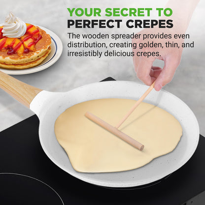 9.45” Non-Stick Crepe Pan With Spreader With Wooden Spreader Bakelite Handle With Wooden Soft Touch And Induction Bottom (White Cream Marble)