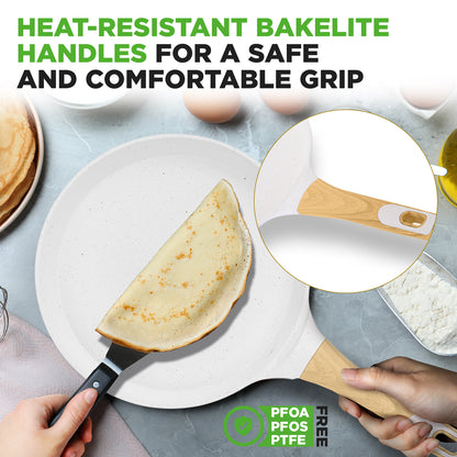 9.45” Non-Stick Crepe Pan With Spreader With Wooden Spreader Bakelite Handle With Wooden Soft Touch And Induction Bottom (White Cream Marble)