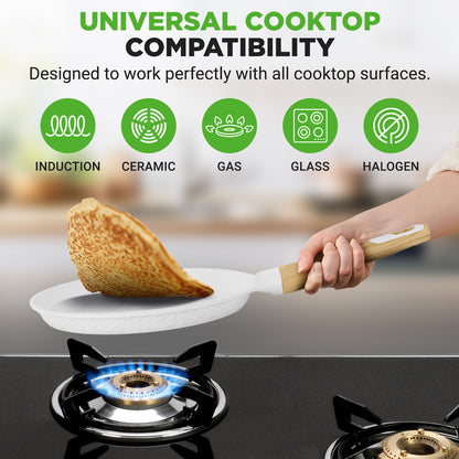 9.45” Non-Stick Crepe Pan With Spreader With Wooden Spreader Bakelite Handle With Wooden Soft Touch And Induction Bottom (White Cream Marble)