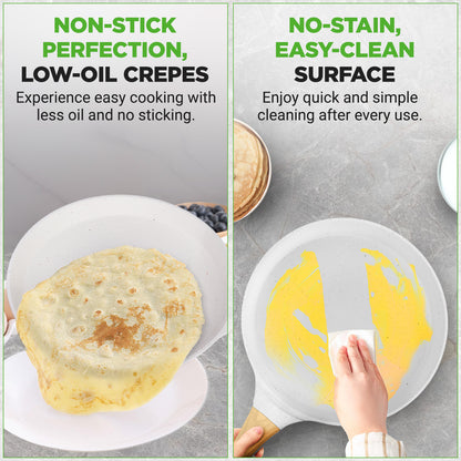 9.45” Non-Stick Crepe Pan With Spreader With Wooden Spreader Bakelite Handle With Wooden Soft Touch And Induction Bottom (White Cream Marble)