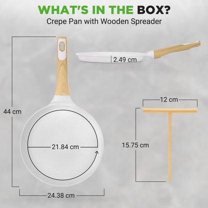 9.45” Non-Stick Crepe Pan With Spreader With Wooden Spreader Bakelite Handle With Wooden Soft Touch And Induction Bottom (White Cream Marble)