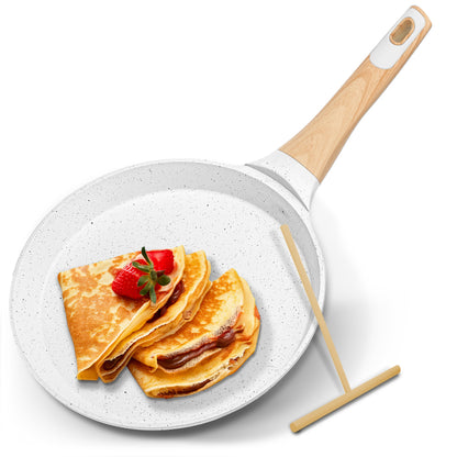 9.45” Non-Stick Crepe Pan With Spreader With Wooden Spreader Bakelite Handle With Wooden Soft Touch And Induction Bottom (White Cream Marble)