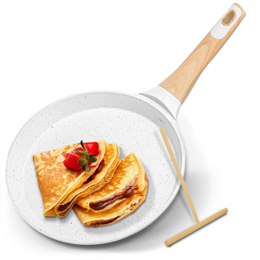 9.45” Non-Stick Crepe Pan With Spreader With Wooden Spreader Bakelite Handle With Wooden Soft Touch And Induction Bottom (White Cream Marble)