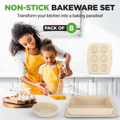 8-Piece Non-Stick Bakeware Set Stackable Carbon Steel Marble Cream