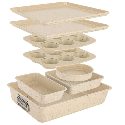 8-Piece Non-Stick Bakeware Set Stackable Carbon Steel Marble Cream