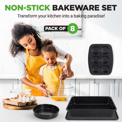 8-Piece Non-Stick Bakeware Set Stackable Carbon Steel Black Marble