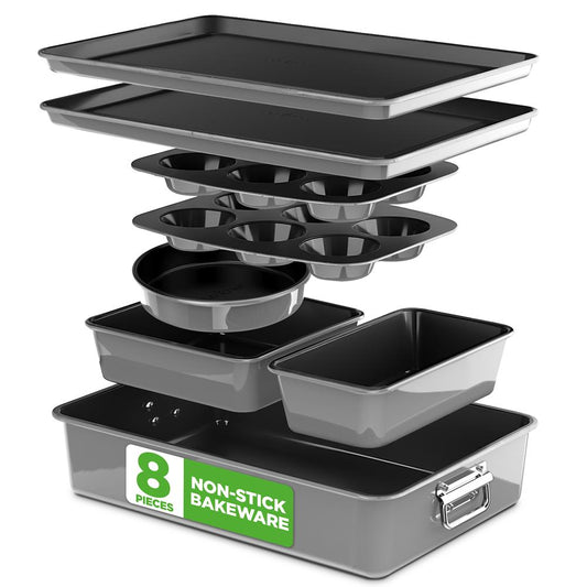 8-Piece Nonstick Bakeware Set - Space-Saving Carbon Steel Gray