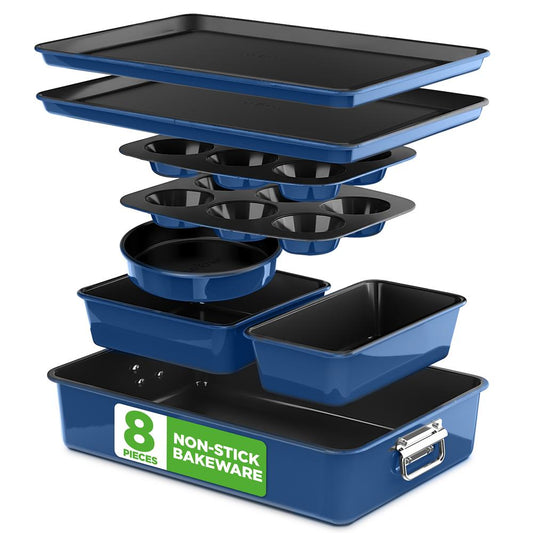 8-Piece Nonstick Bakeware Set - Space-Saving Carbon Steel Blue
