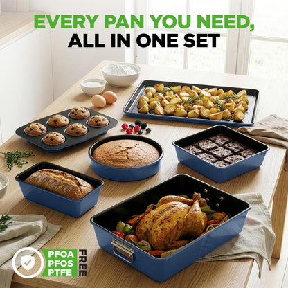 8-Piece Nonstick Bakeware Set - Space-Saving Carbon Steel Blue