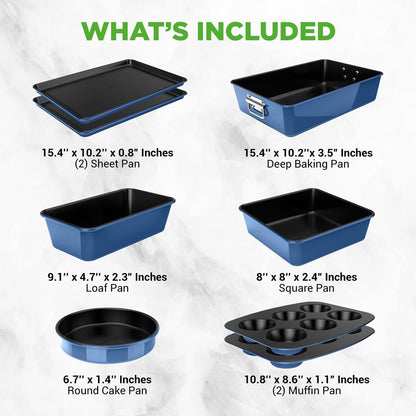 8-Piece Nonstick Bakeware Set - Space-Saving Carbon Steel Blue