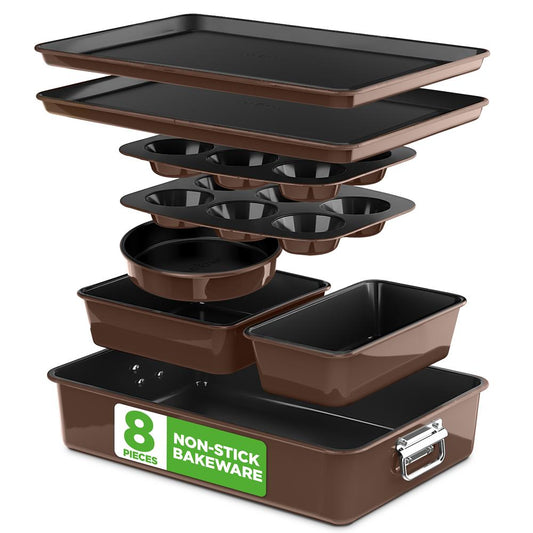 8-Piece Nonstick Bakeware Set - Space-Saving Carbon Steel Brown