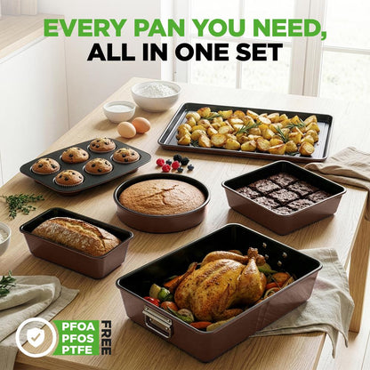 8-Piece Nonstick Bakeware Set - Space-Saving Carbon Steel Brown