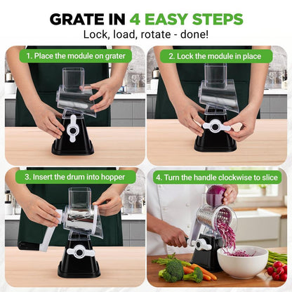 Rotary Cheese Grater With Handle And 3 Replaceable Drum Blades - Kitchen Mandoline Vegetable Slicer And Cheese Shredder (Black)