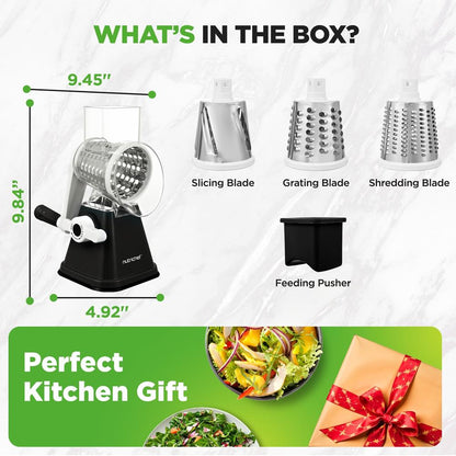 Rotary Cheese Grater With Handle And 3 Replaceable Drum Blades - Kitchen Mandoline Vegetable Slicer And Cheese Shredder (Black)