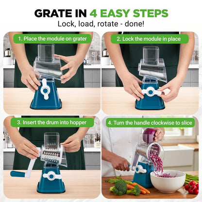 Rotary Cheese Grater With Handle And 3 Replaceable Drum Blades - Kitchen Mandoline Vegetable Slicer And Cheese Shredder (Blue)