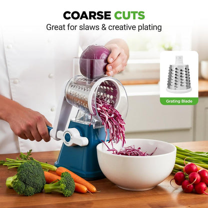 Rotary Cheese Grater With Handle And 3 Replaceable Drum Blades - Kitchen Mandoline Vegetable Slicer And Cheese Shredder (Blue)