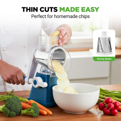 Rotary Cheese Grater With Handle And 3 Replaceable Drum Blades - Kitchen Mandoline Vegetable Slicer And Cheese Shredder (Blue)