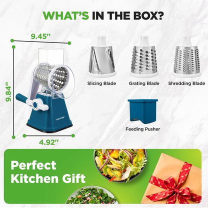 Rotary Cheese Grater With Handle And 3 Replaceable Drum Blades - Kitchen Mandoline Vegetable Slicer And Cheese Shredder (Blue)