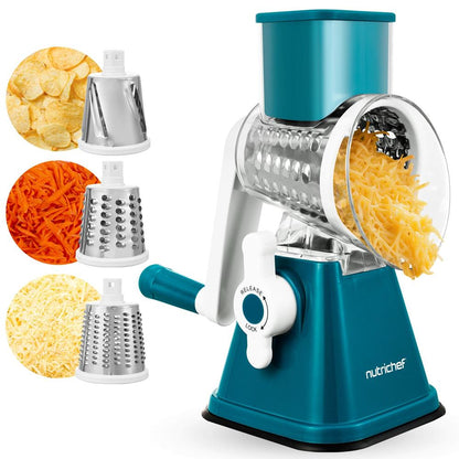 Rotary Cheese Grater With Handle And 3 Replaceable Drum Blades - Kitchen Mandoline Vegetable Slicer And Cheese Shredder (Green)