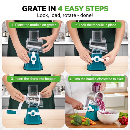 Rotary Cheese Grater With Handle And 3 Replaceable Drum Blades - Kitchen Mandoline Vegetable Slicer And Cheese Shredder (Green)