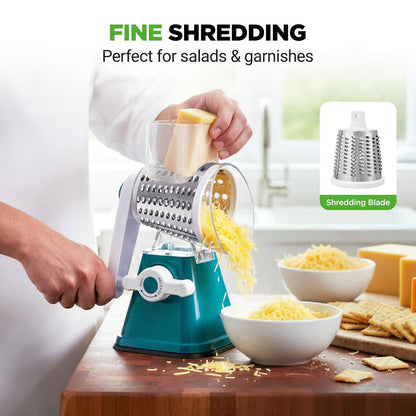 Rotary Cheese Grater With Handle And 3 Replaceable Drum Blades - Kitchen Mandoline Vegetable Slicer And Cheese Shredder (Green)