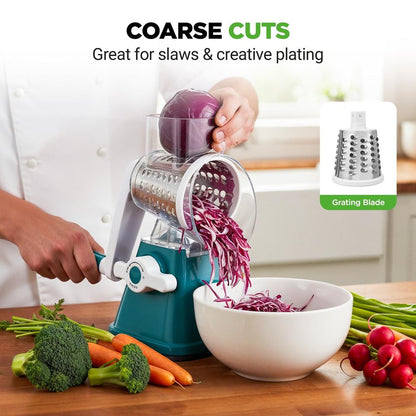 Rotary Cheese Grater With Handle And 3 Replaceable Drum Blades - Kitchen Mandoline Vegetable Slicer And Cheese Shredder (Green)