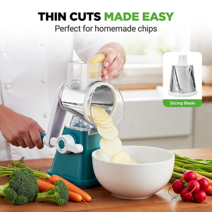 Rotary Cheese Grater With Handle And 3 Replaceable Drum Blades - Kitchen Mandoline Vegetable Slicer And Cheese Shredder (Green)