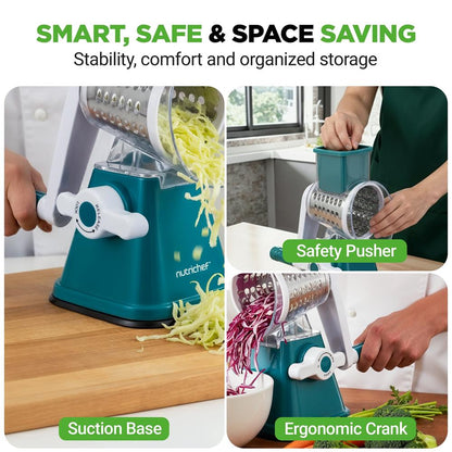 Rotary Cheese Grater With Handle And 3 Replaceable Drum Blades - Kitchen Mandoline Vegetable Slicer And Cheese Shredder (Green)