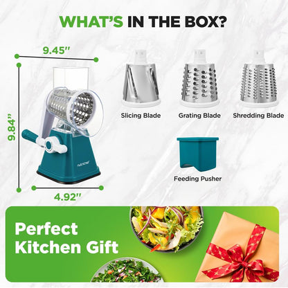Rotary Cheese Grater With Handle And 3 Replaceable Drum Blades - Kitchen Mandoline Vegetable Slicer And Cheese Shredder (Green)