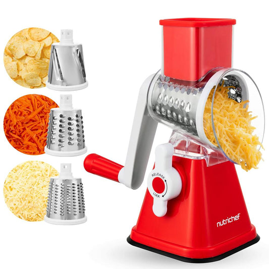 Rotary Cheese Grater With Handle And 3 Replaceable Drum Blades - Kitchen Mandoline Vegetable Slicer And Cheese Shredder (Red)