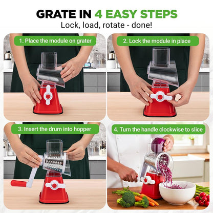 Rotary Cheese Grater With Handle And 3 Replaceable Drum Blades - Kitchen Mandoline Vegetable Slicer And Cheese Shredder (Red)