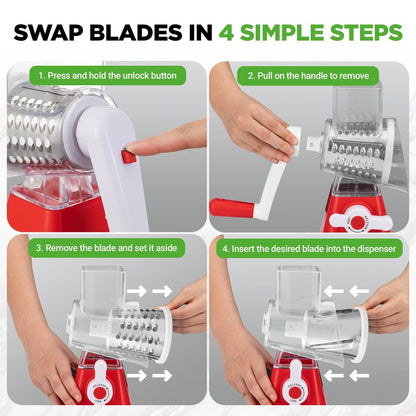 Rotary Cheese Grater With Handle And 3 Replaceable Drum Blades - Kitchen Mandoline Vegetable Slicer And Cheese Shredder (Red)
