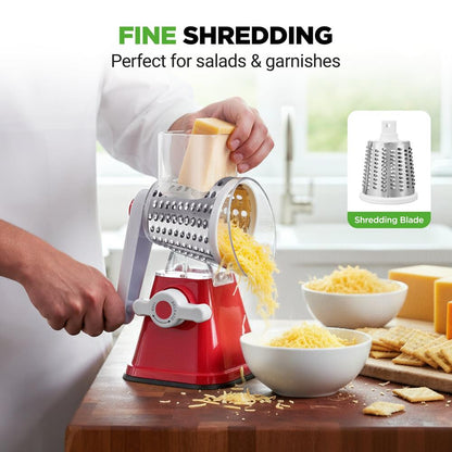 Rotary Cheese Grater With Handle And 3 Replaceable Drum Blades - Kitchen Mandoline Vegetable Slicer And Cheese Shredder (Red)