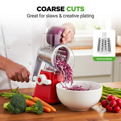 Rotary Cheese Grater With Handle And 3 Replaceable Drum Blades - Kitchen Mandoline Vegetable Slicer And Cheese Shredder (Red)