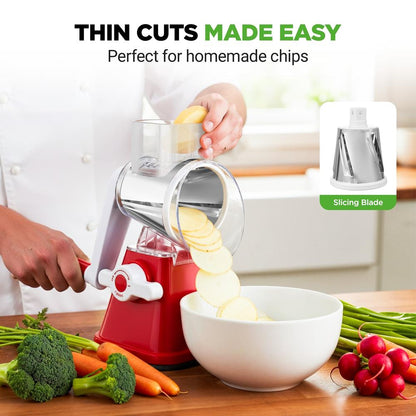 Rotary Cheese Grater With Handle And 3 Replaceable Drum Blades - Kitchen Mandoline Vegetable Slicer And Cheese Shredder (Red)