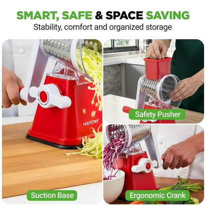Rotary Cheese Grater With Handle And 3 Replaceable Drum Blades - Kitchen Mandoline Vegetable Slicer And Cheese Shredder (Red)