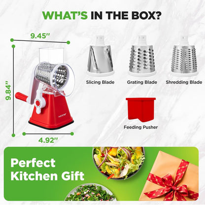 Rotary Cheese Grater With Handle And 3 Replaceable Drum Blades - Kitchen Mandoline Vegetable Slicer And Cheese Shredder (Red)