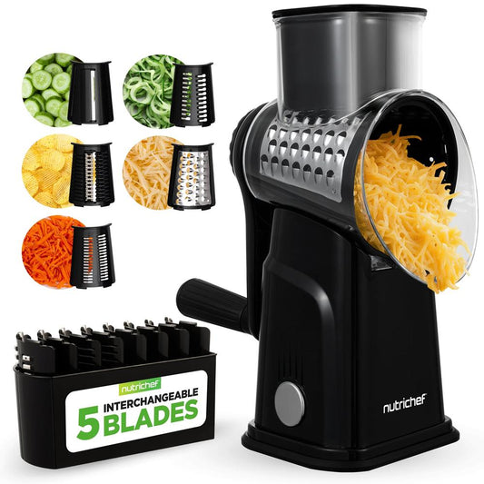Rotary Cheese Grater With Handle And 5 Replaceable Blades - Kitchen Mandoline Vegetable Slicer And Cheese Shredder (Black)