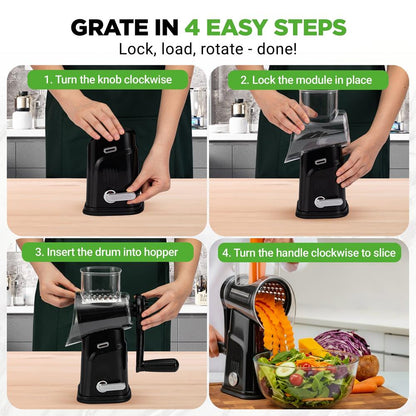 Rotary Cheese Grater With Handle And 5 Replaceable Blades - Kitchen Mandoline Vegetable Slicer And Cheese Shredder (Black)
