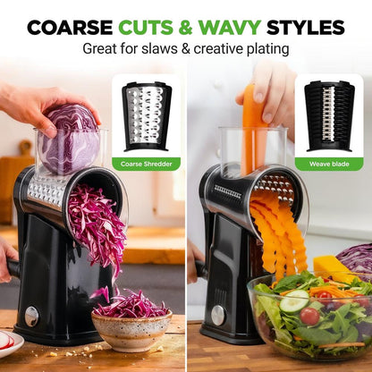 Rotary Cheese Grater With Handle And 5 Replaceable Blades - Kitchen Mandoline Vegetable Slicer And Cheese Shredder (Black)