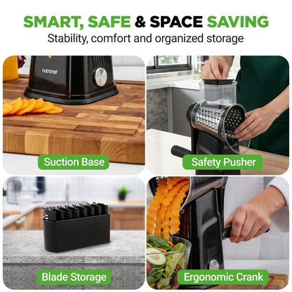 Rotary Cheese Grater With Handle And 5 Replaceable Blades - Kitchen Mandoline Vegetable Slicer And Cheese Shredder (Black)