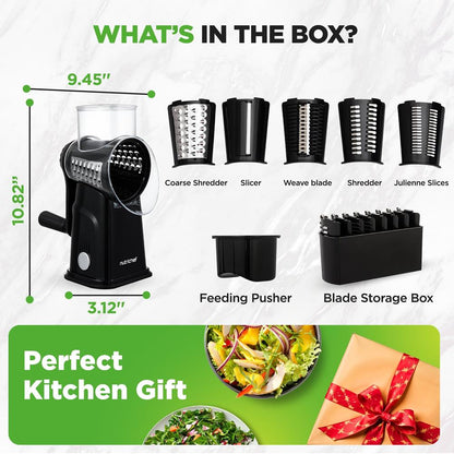 Rotary Cheese Grater With Handle And 5 Replaceable Blades - Kitchen Mandoline Vegetable Slicer And Cheese Shredder (Black)