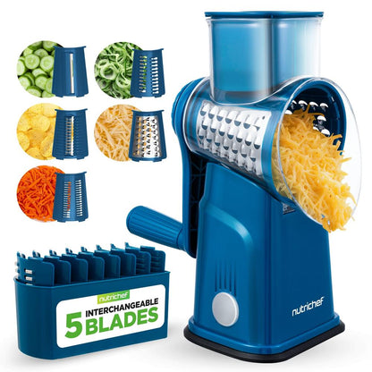 Rotary Cheese Grater With Handle And 5 Replaceable Blades - Kitchen Mandoline Vegetable Slicer And Cheese Shredder (Blue)