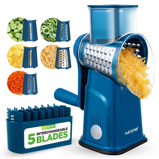 Rotary Cheese Grater With Handle And 5 Replaceable Blades - Kitchen Mandoline Vegetable Slicer And Cheese Shredder (Blue)