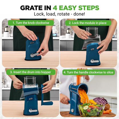 Rotary Cheese Grater With Handle And 5 Replaceable Blades - Kitchen Mandoline Vegetable Slicer And Cheese Shredder (Blue)