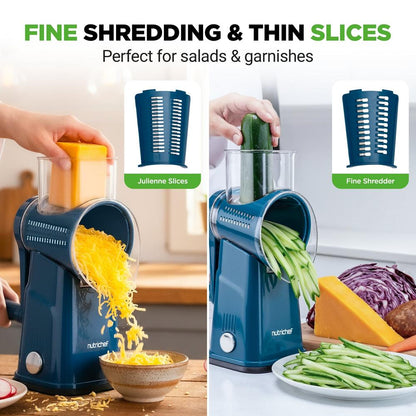 Rotary Cheese Grater With Handle And 5 Replaceable Blades - Kitchen Mandoline Vegetable Slicer And Cheese Shredder (Blue)
