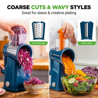 Rotary Cheese Grater With Handle And 5 Replaceable Blades - Kitchen Mandoline Vegetable Slicer And Cheese Shredder (Blue)
