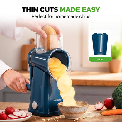 Rotary Cheese Grater With Handle And 5 Replaceable Blades - Kitchen Mandoline Vegetable Slicer And Cheese Shredder (Blue)
