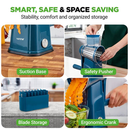 Rotary Cheese Grater With Handle And 5 Replaceable Blades - Kitchen Mandoline Vegetable Slicer And Cheese Shredder (Blue)